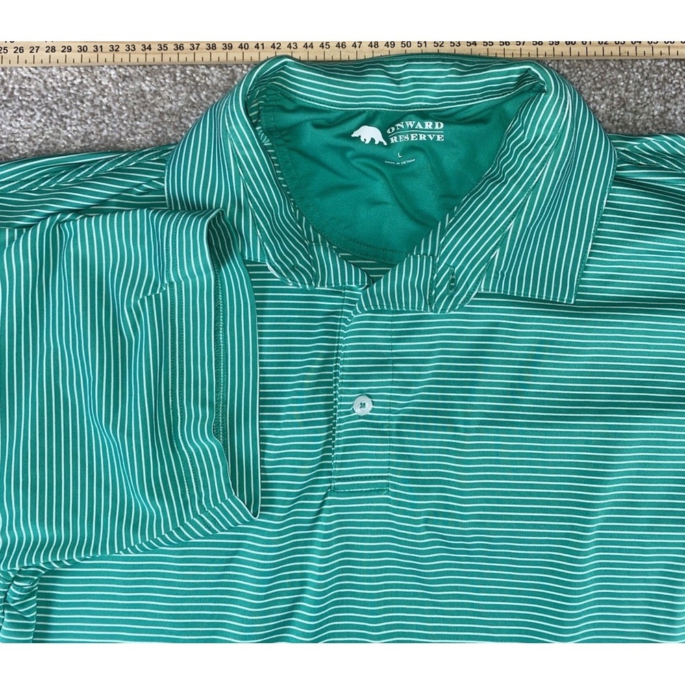 Onward Reserve Green Striped Performance Stretch Polo Bear Logo Mens L Preppy